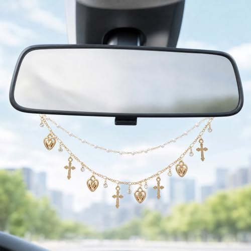 Rear View Mirror Cross Charm Double Chain Catholic Faith Car Decor - Image 4