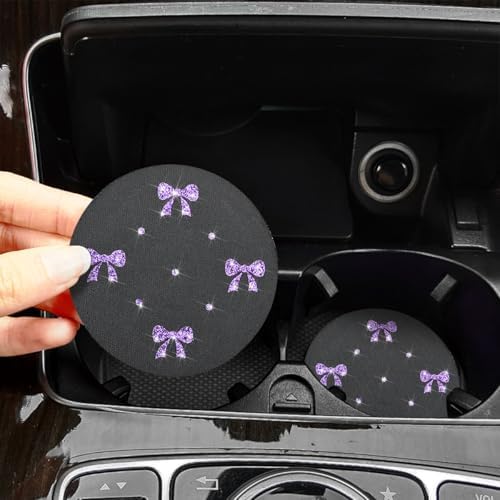 2PCS Car Coasters Rhinestone Bow Cup Holder Pad Anti-Slip Purple - Image 3