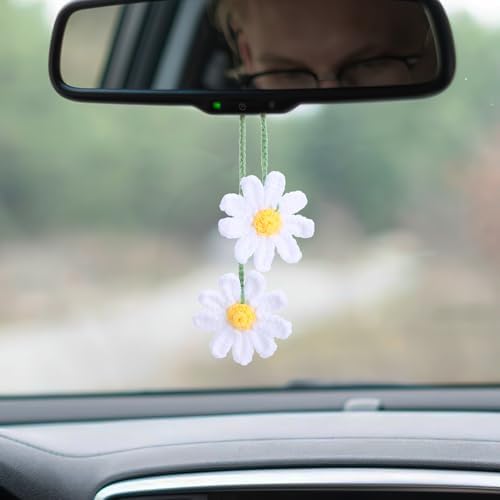 Ymapinc Crochet Car Accessories, Cute Hanging Rear View Mirror Decor Daisy - Image 3