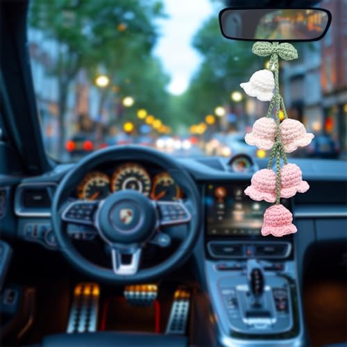 Car Mirror Hanging Accessories, Cute Bellflower Hand Knitted Car Pendant - Image 3