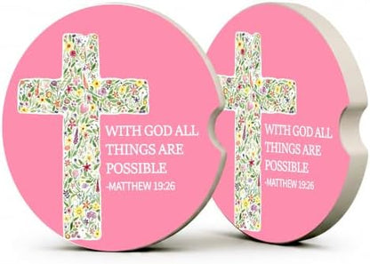 Pink Christian Bible Car Coasters, Floral Cross Scripture Cup Holders by Unknown