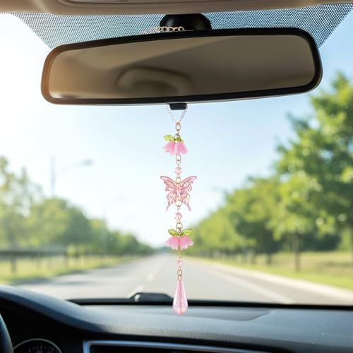 Butterfly Crystal Car Charm Lily Flower Beaded Mirror Hanging - Image 3