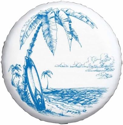 Palm Trees and Sea View Spare Tire Cover Surfing Background Blue Line Drawing - Image 2