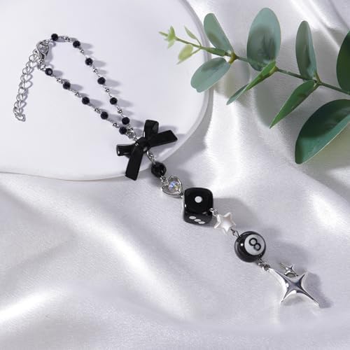 Black Bow Car Mirror Chain Y2k 8 Ball Star Beaded Hanging Charm - Image 4