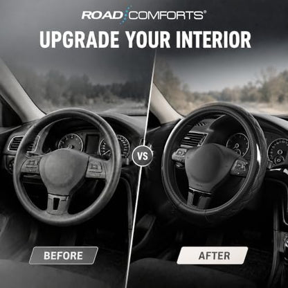Road Comforts Leather Steering Wheel Cover – Black & Black, Universal Fit - Image 5
