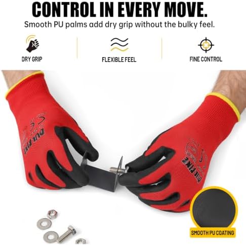 DULFINE Safety Work Gloves for Men 60 Pairs, Ultra-Thin PU Coated Red XL - Image 3