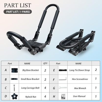 SUDOO Folding Kayak Roof Rack 1 Pair 2pcs Foldable J-Bar Heavy Duty Kayak - Image 4