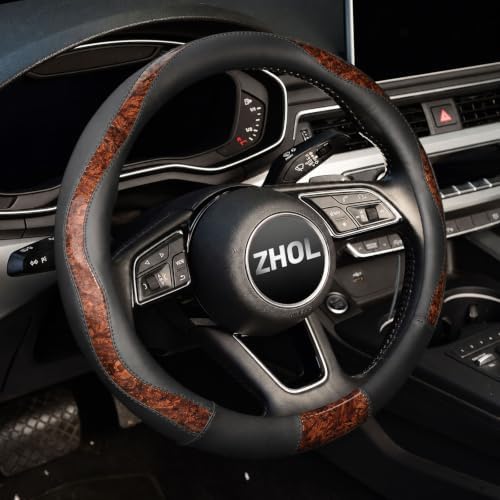 ZHOL Wood Grain 14.5-15 inch Microfiber Leather Steering Wheel Cover, Anti-Slip by ZHOL