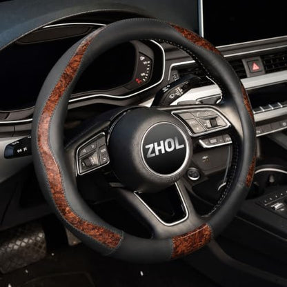 ZHOL Wood Grain 14.5-15 inch Microfiber Leather Steering Wheel Cover, Anti-Slip by ZHOL