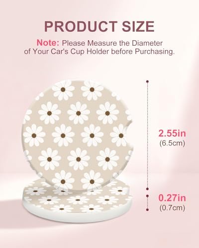 Swooflia Cute Girly Ceramic Car Coasters Beige Daisy Cup Holder Coasters - Image 2