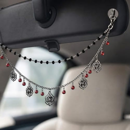 Double Chain Gothic Black Rose Rear View Mirror Charm Halloween Car Hanging - Image 3