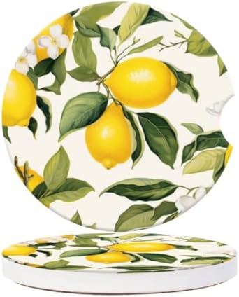 Cup Holder for Car, Lemons and White Flowers Ceramic Coasters Non-Slip Cup - Image 2