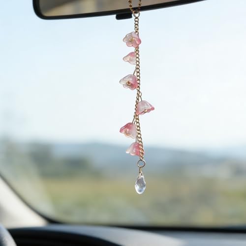 CASONA Car Rearview Mirror Hanging Decor, Cute Pink Glass Lily of the Valley by AestheticsAccessories