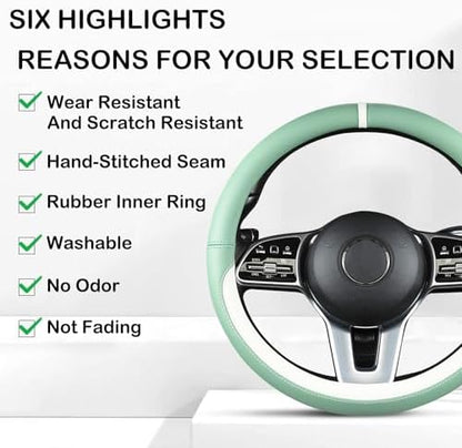 Green & White Nappa Leather Steering Wheel Cover, Cute Car Steering Wheel Cover - Image 4