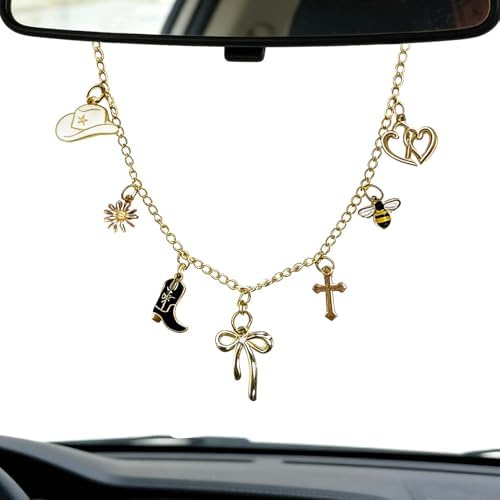 Car Rearview Mirror Charm Gold Hanging Cross Western Cowgirl Ornament by Unknown