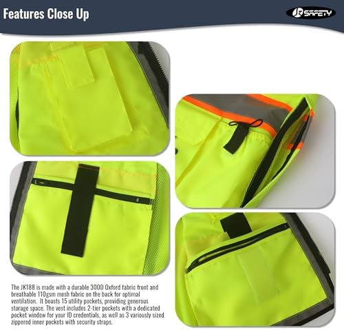 JKSafety Hi-Vis Unisex Surveyor Safety Vest Heavy Duty PPE Inner Pockets - Image 3