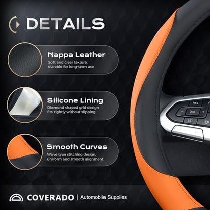 Coverado Car Steering Wheel Cover, Nappa Leather Black & Orange Steering Wheel - Image 2