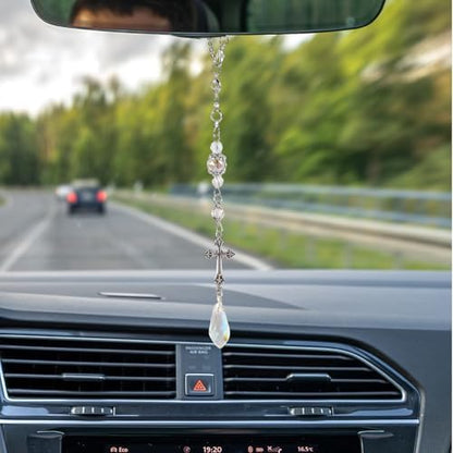 Healing Crystal Rearview Mirror Charm Cross Christian Suncatcher - Image 2