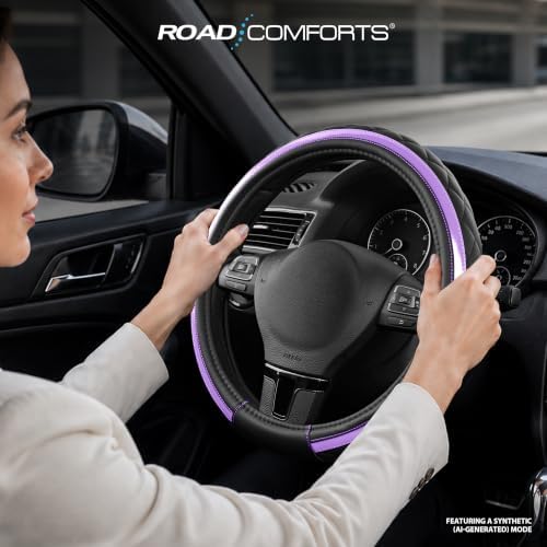 Road Comforts Leather Steering Wheel Cover – Black & Purple, Universal Fit - Image 4