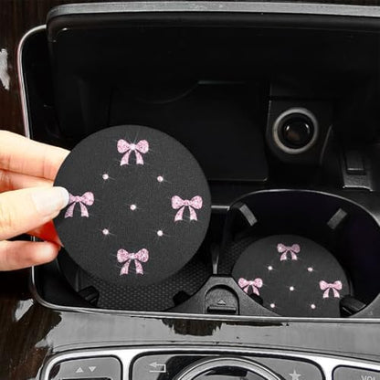 2PCS Car Coasters Rhinestone Bow Cup Holder Pad Anti-Slip Pink - Image 3