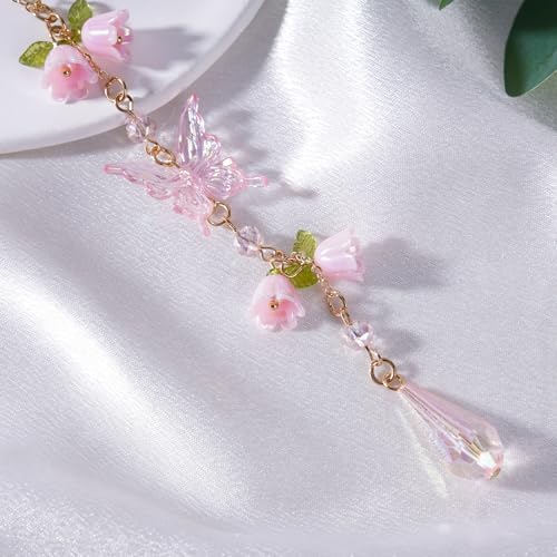 Butterfly Crystal Car Charm Lily Flower Beaded Mirror Hanging - Image 5