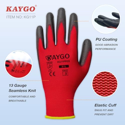 KAYGO Safety Work Gloves for Men Women, PU Coated Palm & Fingers - Image 2