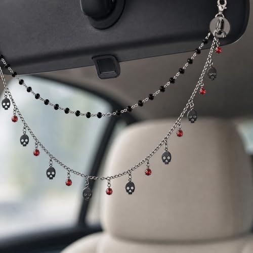Double Chain Skull Gothic Witch Rear View Mirror Charm Halloween Car Decor - Image 3