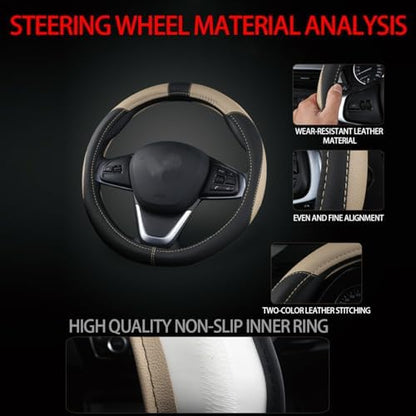 BESULEN 15 Inch Steering Wheel Cover Soft Leather Protector Black/Beige - Image 4