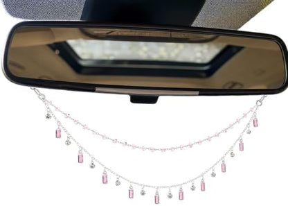 Rear View Mirror Charm Crystal Double Chain Silver Pink Car Decor by LuneClat