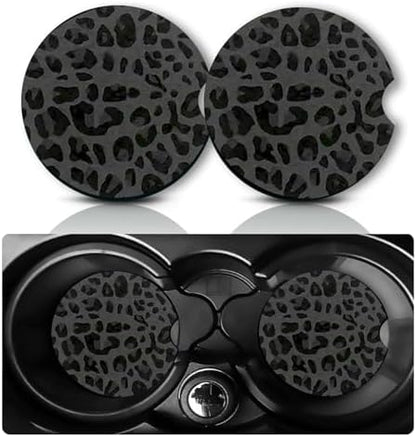 2Pcs Black Leopard Print Car Coasters, 2.75" Neoprene Cup Holder Coasters by Databa