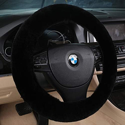 Black Fuzzy Sheepskin Car Steering Wheel Cover - Image 2