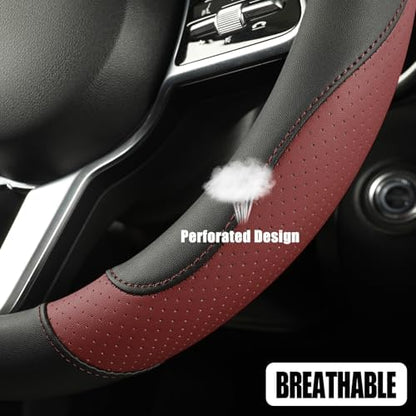 Black Burgundy Microfiber Leather D Shaped Steering Wheel Cover - Image 3