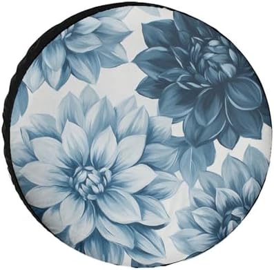 Blue and Grey Dahlia Flower Camper Spare Tire Cover Vintage Floral Seasonal by HighonHi