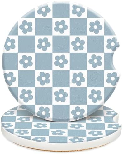 Swooflia Cute Girly Ceramic Car Coasters Blue Checkered Cup Holder Coasters by Swooflia