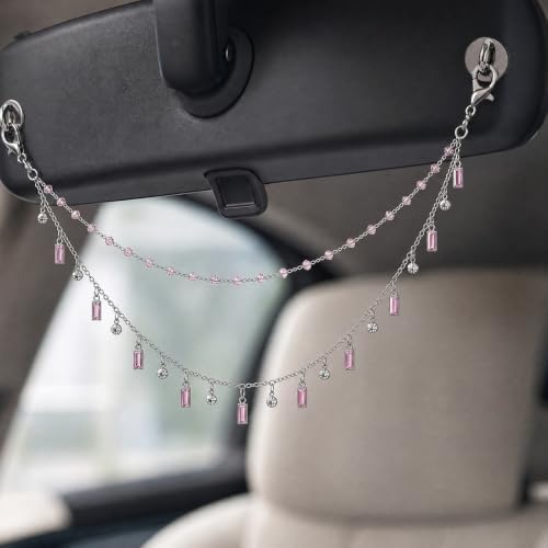 Rear View Mirror Charm Crystal Double Chain Silver Pink Car Decor - Image 3