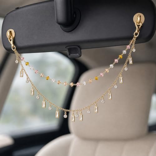 Rear View Mirror Charm Gold Yellow Zircon Double Chain Car Decor - Image 3