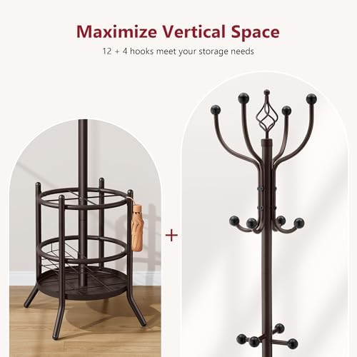 Tajsoon Coat Rack with Umbrella Stand, Coat Tree With 16 Hooks - Image 6