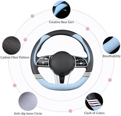 15 inch Cute Leather D Shape Steering Wheel Cover Black Blue - Image 4