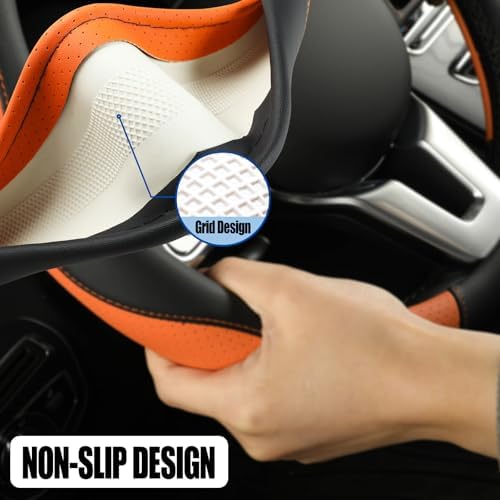 Black Orange Microfiber Leather Steering Wheel Cover 15 inch - Image 4