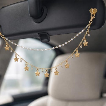 Rear View Mirror Car Charms Star Double Chain Crystal Car Decor - Image 3