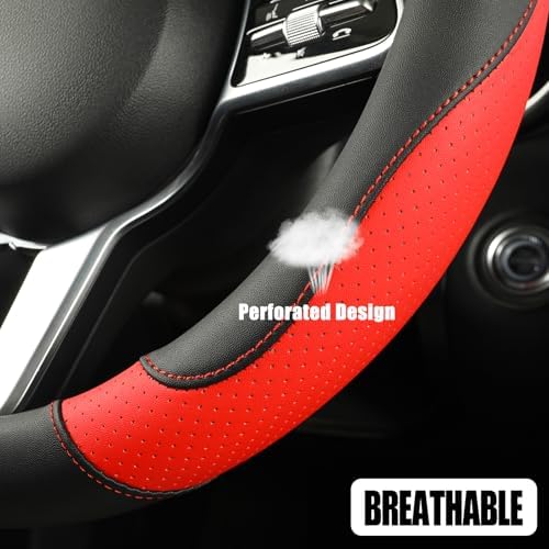 Black Red Microfiber Leather Steering Wheel Cover 15 inch - Image 3