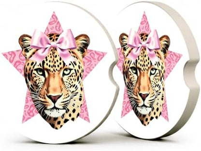 Pink Bow Car Coasters, Retro Leopard Print Coquette Cup Holders by Unknown