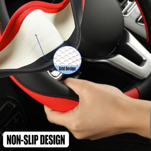 Black Red Microfiber Leather Steering Wheel Cover 15 inch - Image 4