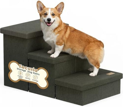 3-Step Wide Dog Stairs with Hidden Storage 18" H, Non-Slip Dog Steps by Fecuria
