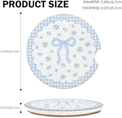 Blue Bow Car Coasters for Cup Holders Set of 2 Floral Absorbent Ceramic Cup - Image 4