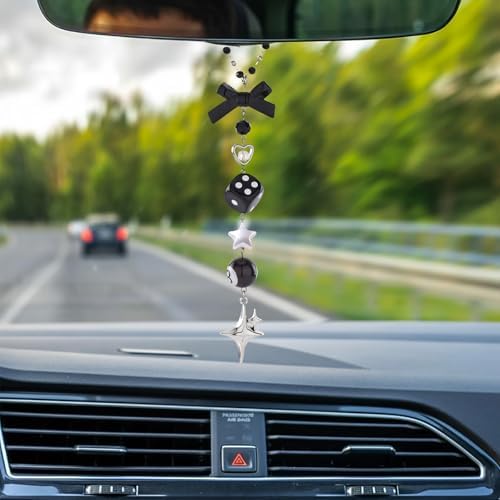 Black Bow Car Mirror Chain Y2k 8 Ball Star Beaded Hanging Charm - Image 2