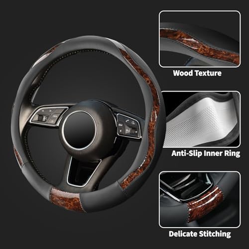ZHOL Wood Grain 14.5-15 inch Microfiber Leather Steering Wheel Cover, Anti-Slip - Image 3