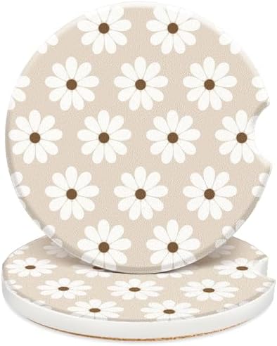 Swooflia Cute Girly Ceramic Car Coasters Beige Daisy Cup Holder Coasters by Swooflia