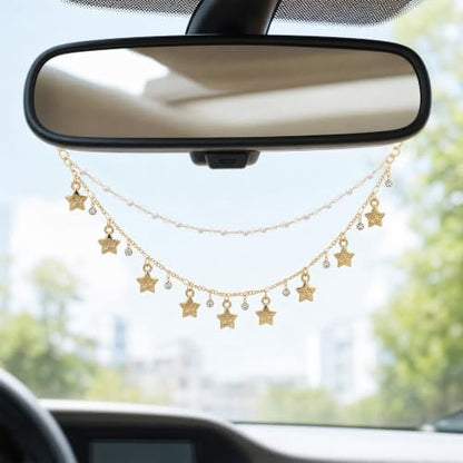 Rear View Mirror Car Charms Star Double Chain Crystal Car Decor - Image 4