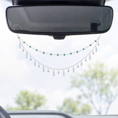 Rear View Mirror Car Charm Green Crystal Double Chain Car Decor - Image 4